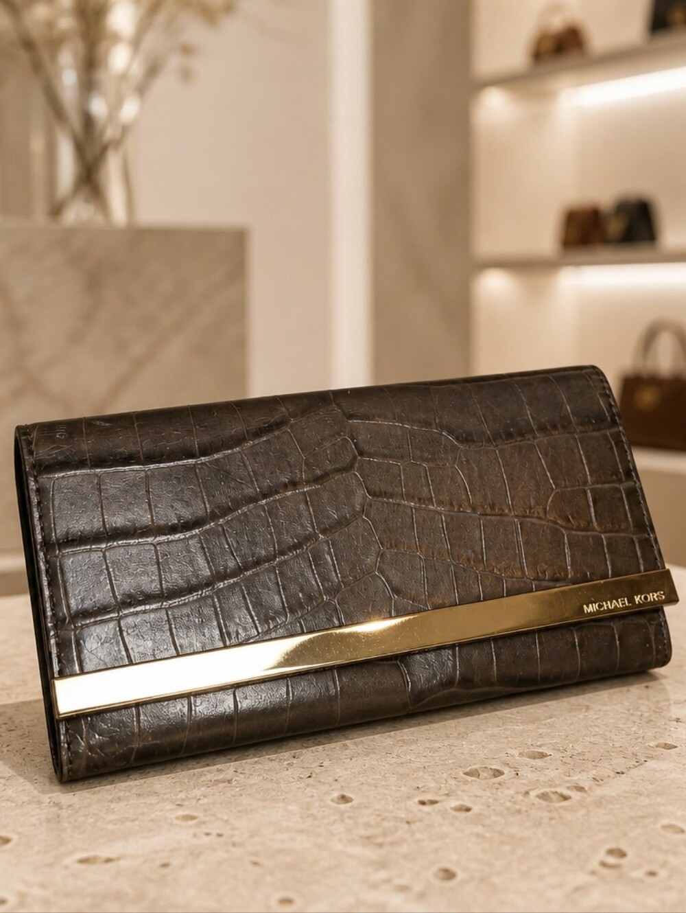 Michael Kors Brown Croc-Embossed Leather Clutch with Gold Accent